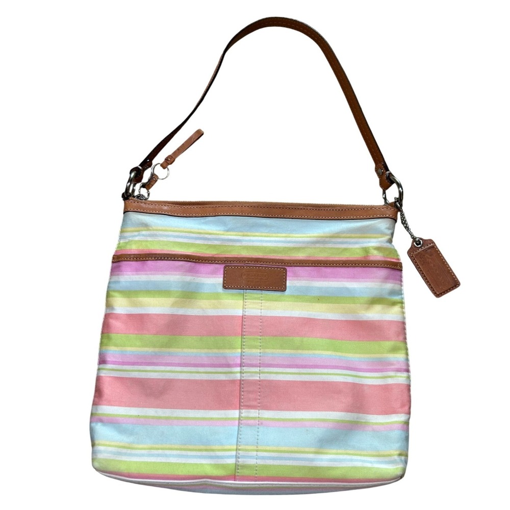 Y2K Coach Multi Color Striped Canvas Leather Trim Purse Shoulder Bag Pastel